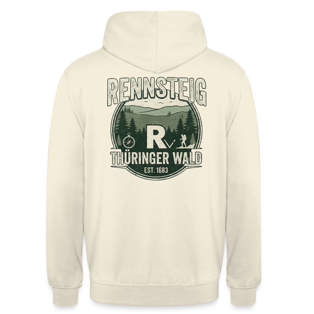 Unisex-Hoodie in Weiß mit großem Rennsteig-Print auf der Rückseite