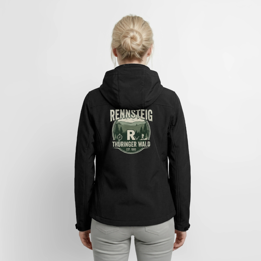 Damen-Softshelljacke schwarz, Kapuze, Rückseite mit RENNSTEIG-Logo