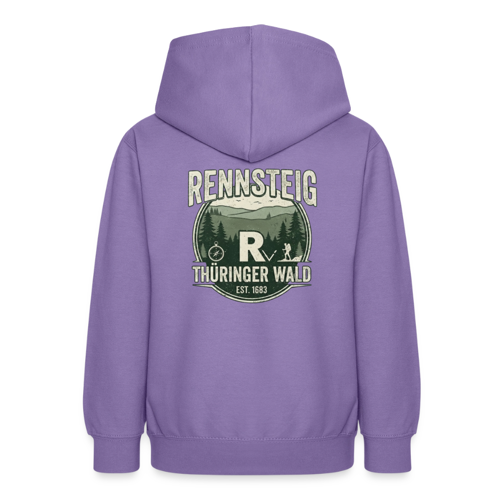 Kinder-Kapuzenhoodie lavendel mit „RENNSTEIG“-Emblem auf der Rückseite