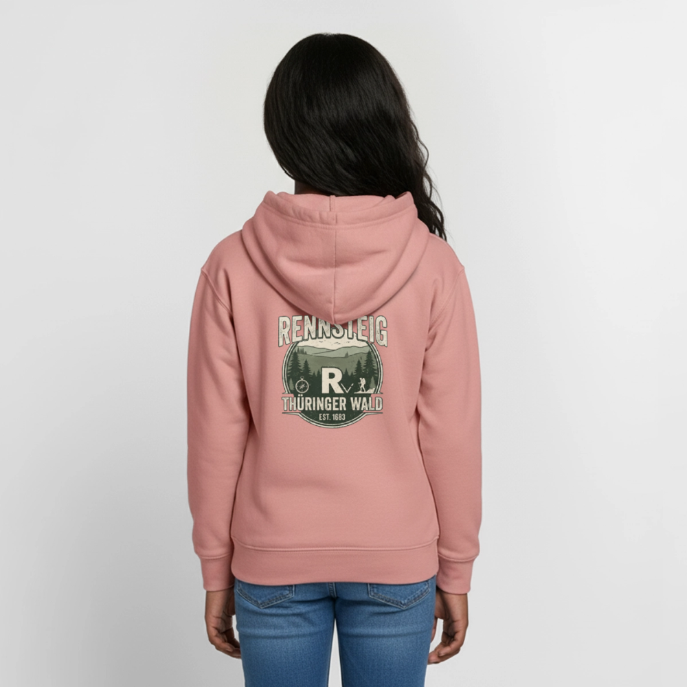 Teenager-Hoodie in Rosé mit „Rennsteig Thüringer Wald“-Motiv hinten, Kapuze