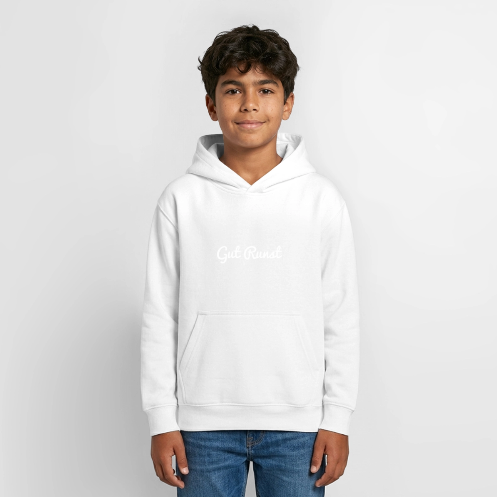 Teenager-Hoodie Weiß mit Kapuze, Kängurutasche und Brustprint „Gut Runst“