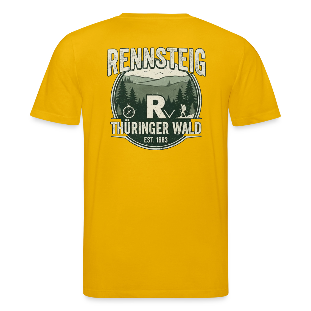 Unisex Bio-T-Shirt in Gelb mit großem Rennsteig-Emblem auf dem Rücken