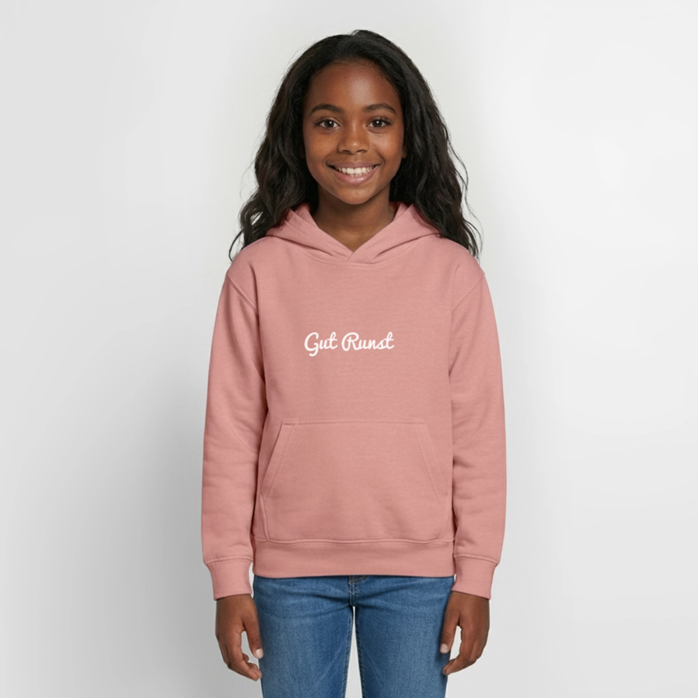 Teenager-Hoodie in Rosé mit „Gut Runst“-Print vorn und Kängurutasche