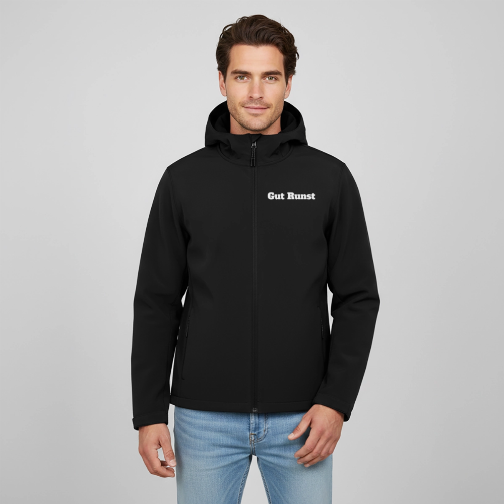 Herren-Softshelljacke mit Kapuze, schwarz, Reißverschluss vorn, Brustprint „Gut Runst“