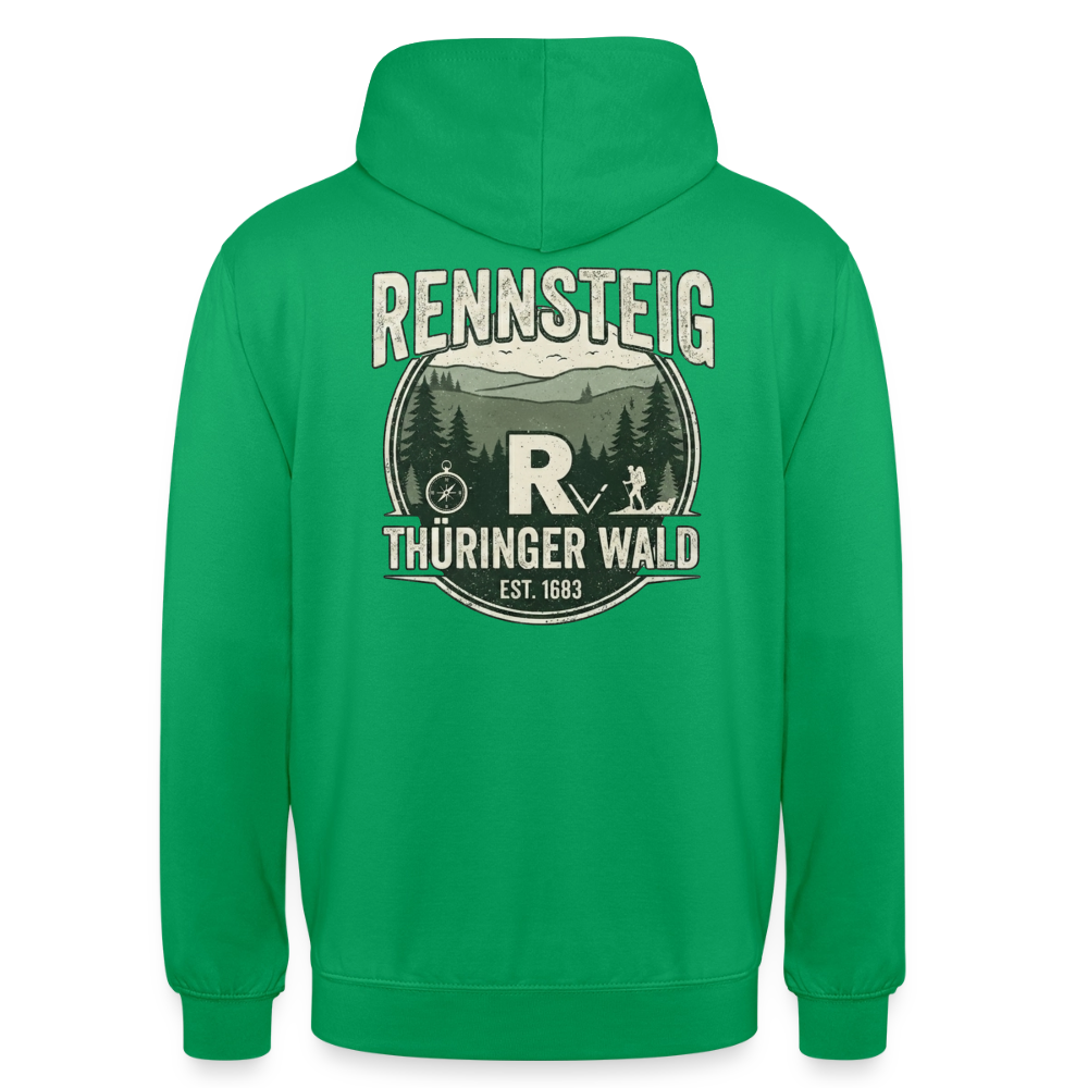 Grüner Unisex-Hoodie mit großem Rückenprint „Rennsteig“ und „Thüringer Wald“