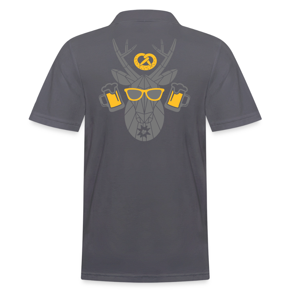 Herren-Poloshirt anthrazit mit Rückenprint aus Wappen und Guitars, Kurzarm und Knopfleiste.