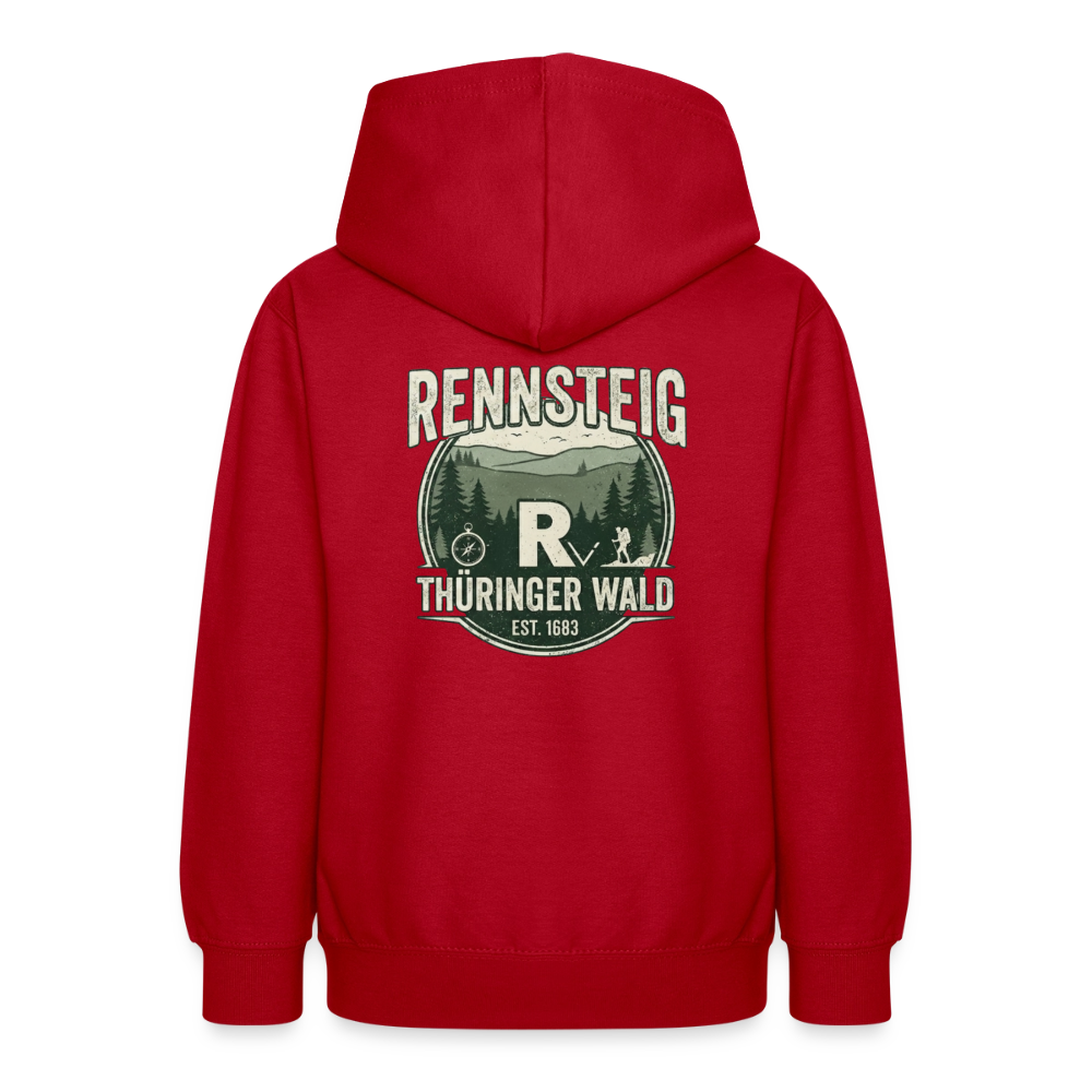 Teenager-Hoodie in Rot mit Kapuze und großem Rückenprint Rennsteig Thüringer Wald.