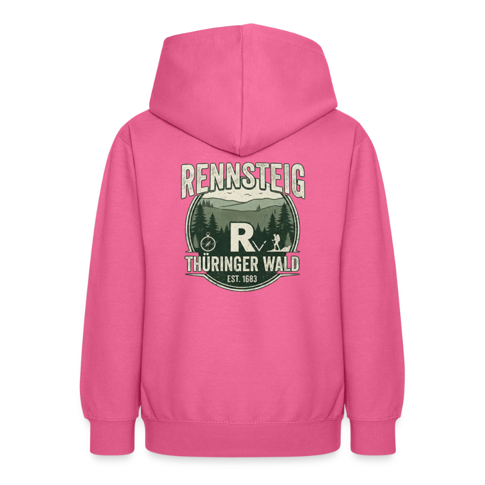 Rosa Teenager-Hoodie mit Kapuze und Rückenprint „RENNSTEIG Thüringer Wald“.