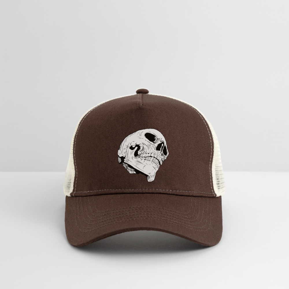 Braune Trucker-Cap mit Tierkopf-Logo und beigem Mesh-Rückenteil