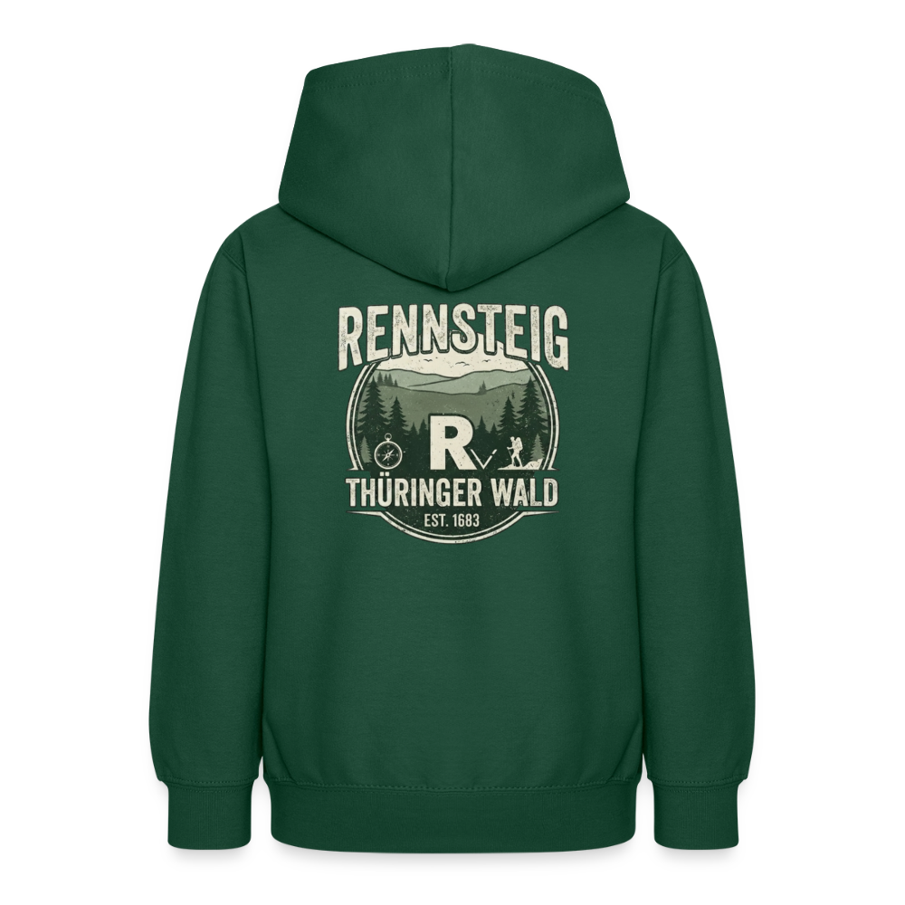 Teenager-Hoodie in Dunkelgrün mit Kapuze; Rückseite mit „RENNSTEIG THÜRINGER WALD“-Logo.