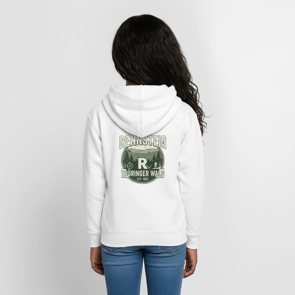 Teenager-Hoodie in Weiß mit Kapuze, Taschen vorne und großem Rückenprint Rennsteig.