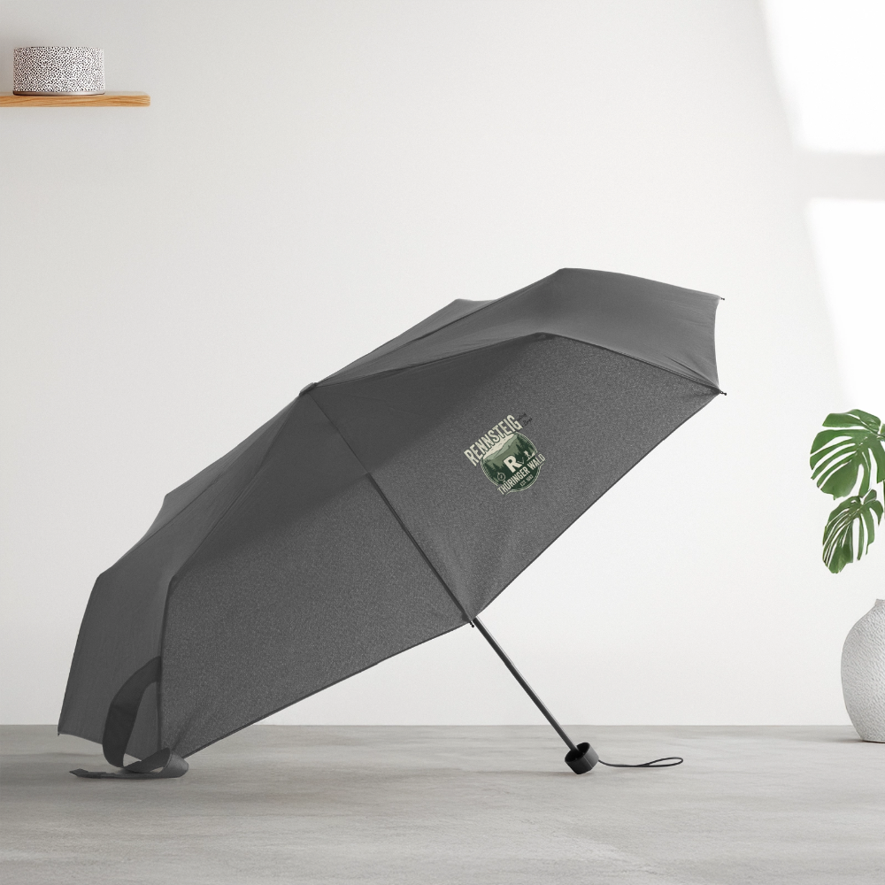 Kleiner Regenschirm in Grau mit Rennsteig-Logo am Schirm