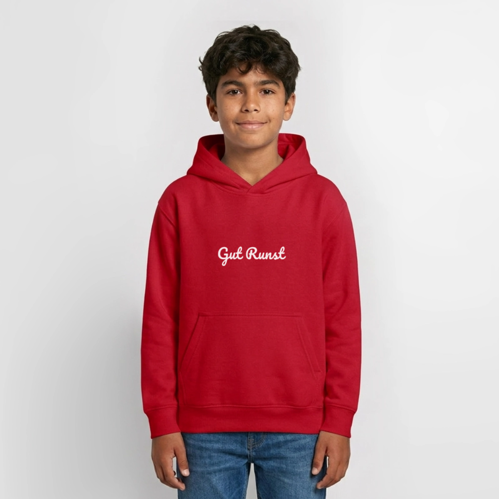Teenager-Hoodie in Rot mit Kapuze, Kängurutasche und Frontschrift „Gut Runst“.