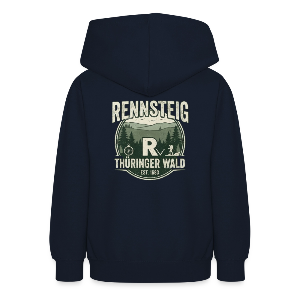 Kinder-Kapuzenhoodie navy mit „RENNSTEIG“-Emblem auf der Rückseite