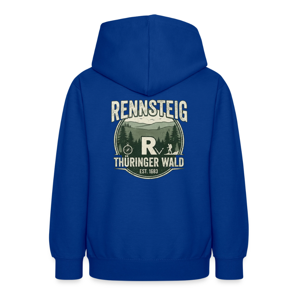 Teenager-Hoodie in Blau mit Kapuze; Rückseite mit „RENNSTEIG THÜRINGER WALD“-Logo.