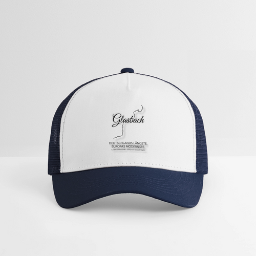 Kinder-Trucker-Cap in Weiß/Dunkelblau mit Netzrückseite und Glashbach-Logo