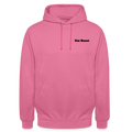 Unisex-Hoodie in Pink mit Kapuze, Kordeln, Bauchtasche und Brustschrift „Gut Runst“.