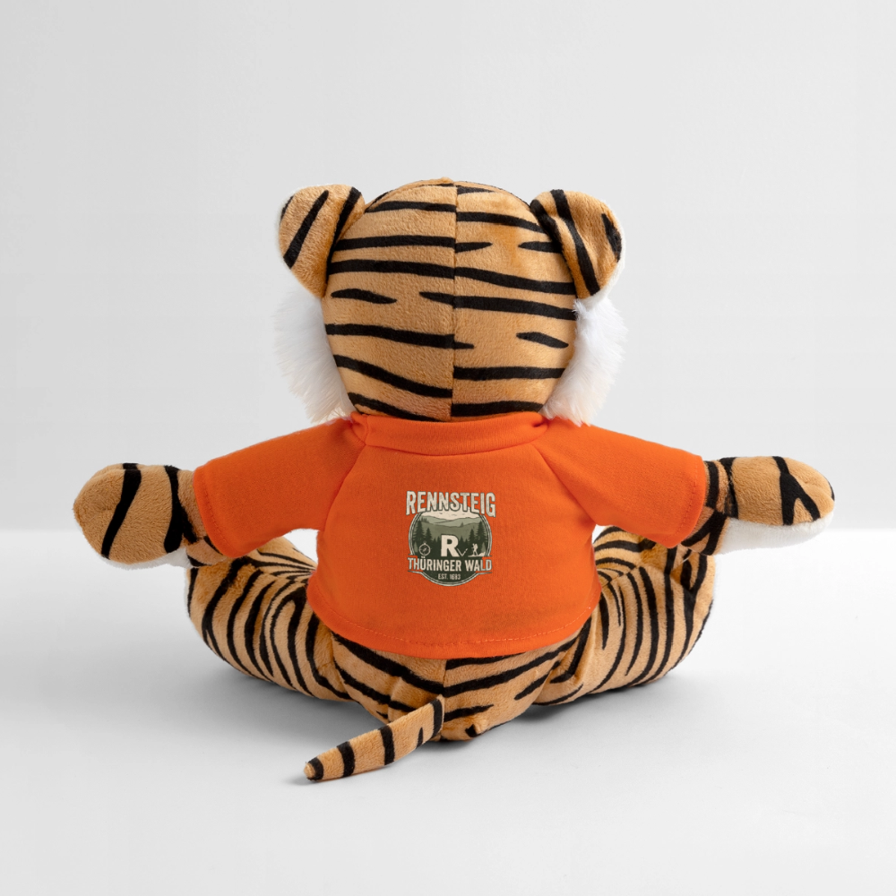 Plüschtiger mit orangefarbenem T-Shirt und Rennsteig-Schriftzug auf dem Rücken