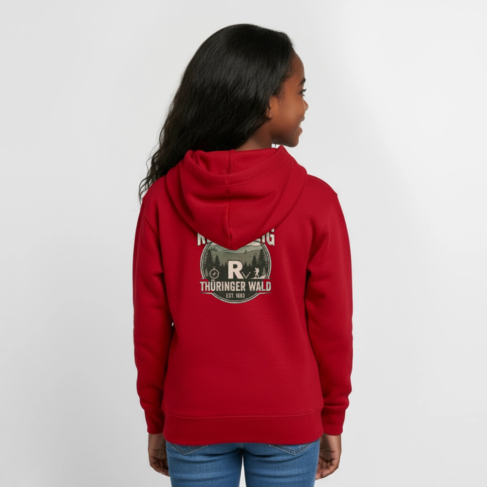 Teenager-Hoodie in Rot mit Kapuze und Rückenprint Rennsteig Thüringer Wald.