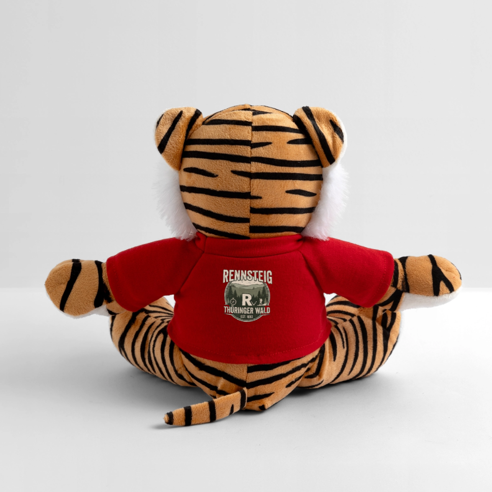 Plüschtiger mit gestreiftem Fell, rotes Shirt von hinten mit Logo-Aufdruck