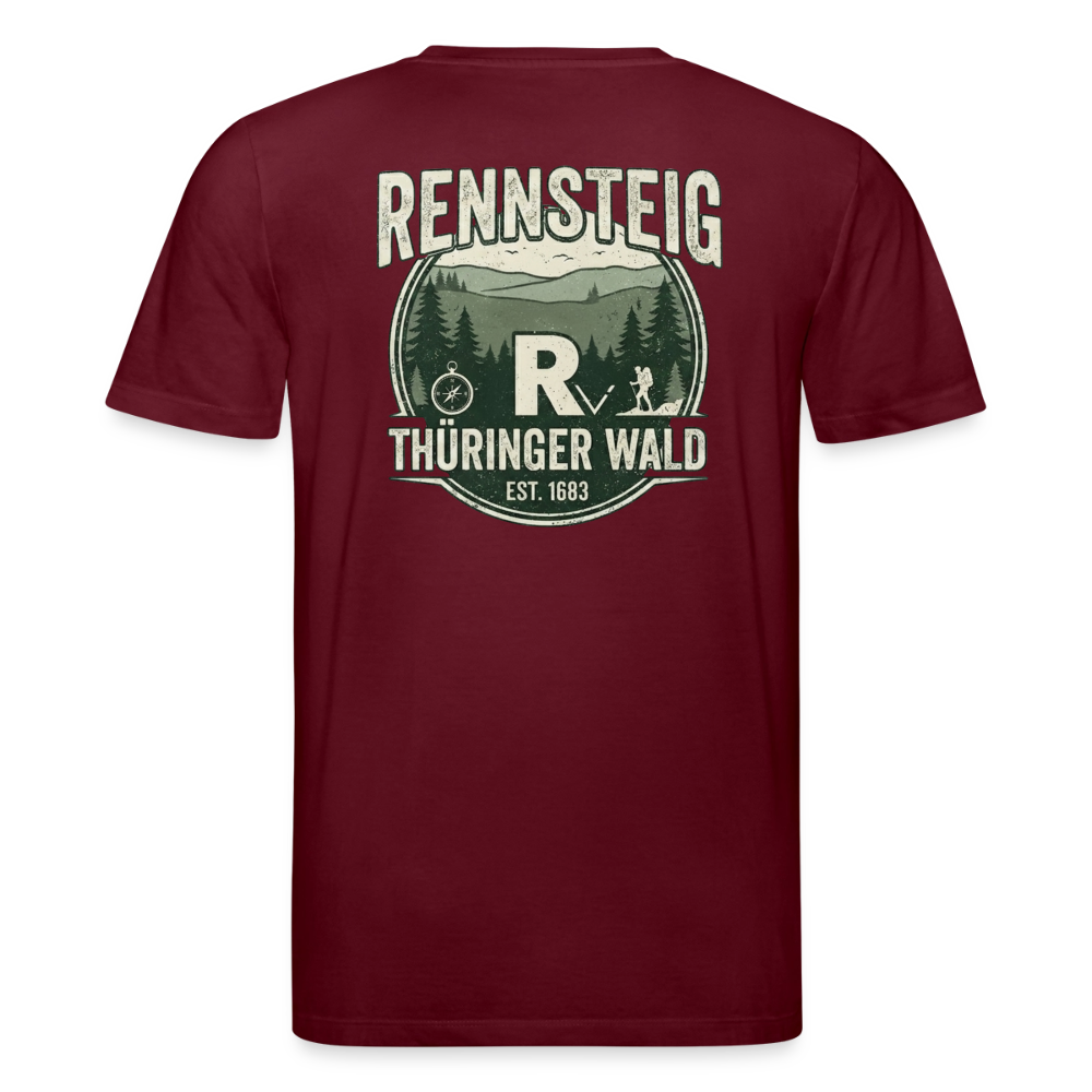 Unisex Bio-T-Shirt Burgunderrot mit Rückenaufdruck „Rennsteig Thüringer Wald“