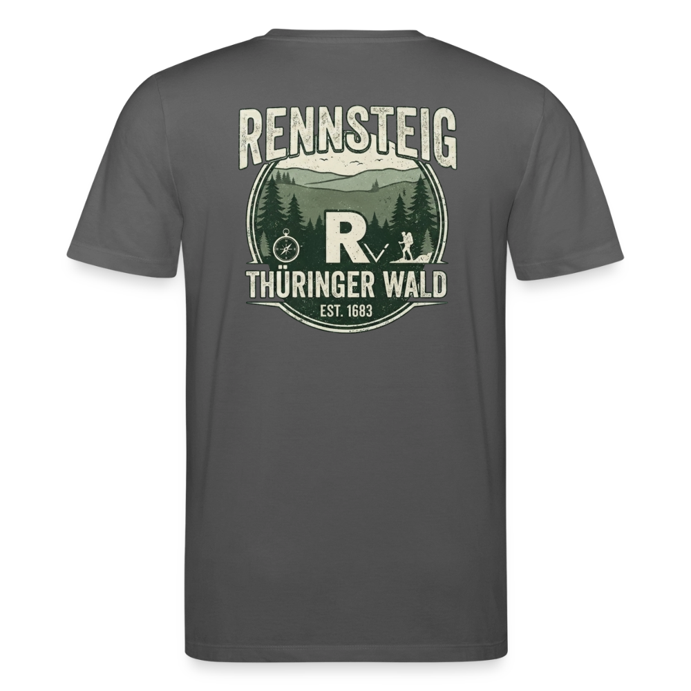 Unisex Bio-T-Shirt in Anthrazit mit großem Rennsteig-Print auf dem Rücken