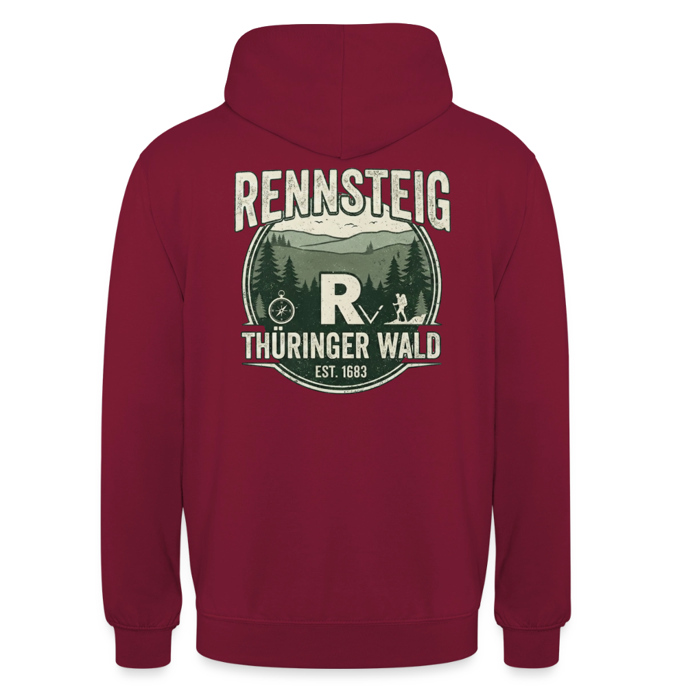 Bordeauxfarbener Unisex-Hoodie mit Rückenprint „Rennsteig Thüringer Wald“