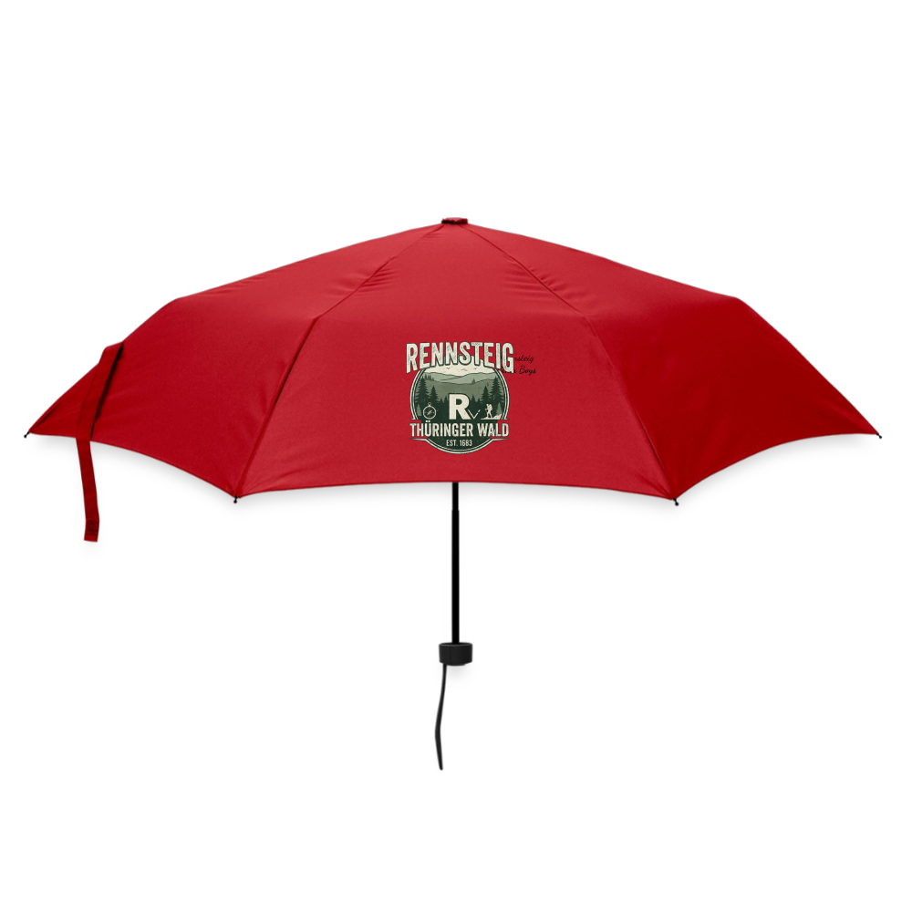 Kleiner Regenschirm rot, Ansicht von oben mit Rennsteig-Logo und Aufdruck