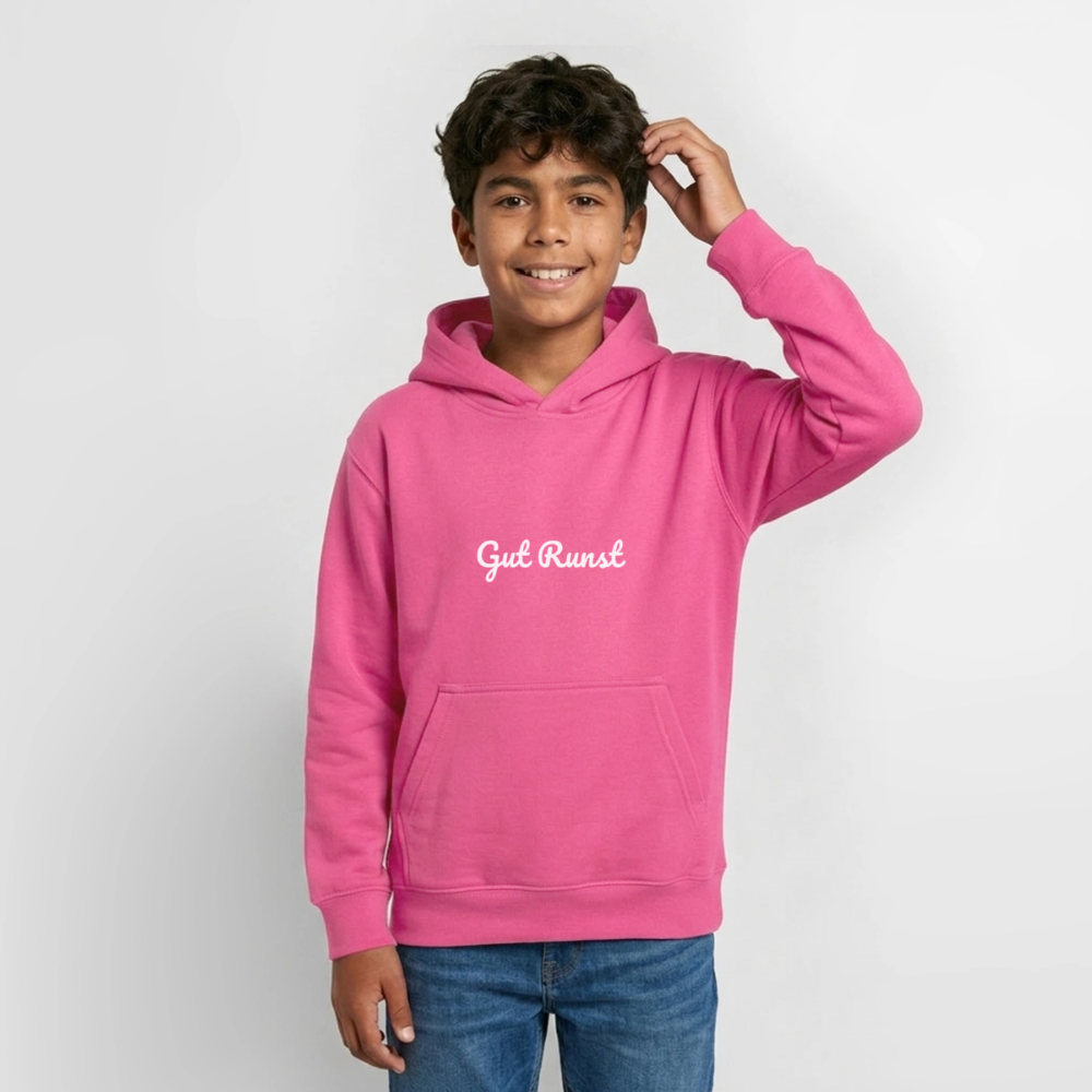 Rosa Teenager-Hoodie mit Kapuze und Bauchtasche, Textprint „Gut Runst“.
