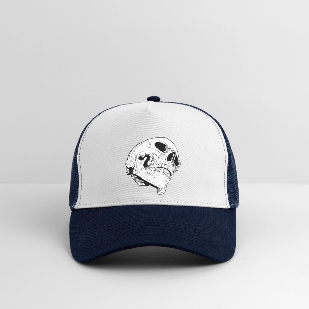 Zweifarbige Trucker-Cap Weiß/Navy mit Tierkopf-Logo und Mesh-Rückenteil