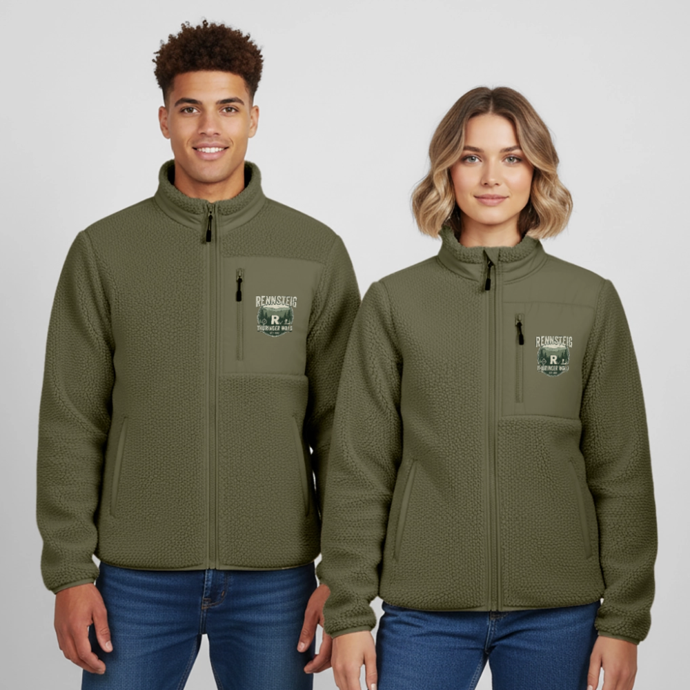Unisex-Sherpajacke, khakigrün, Stehkragen mit Reißverschluss, Brusttasche