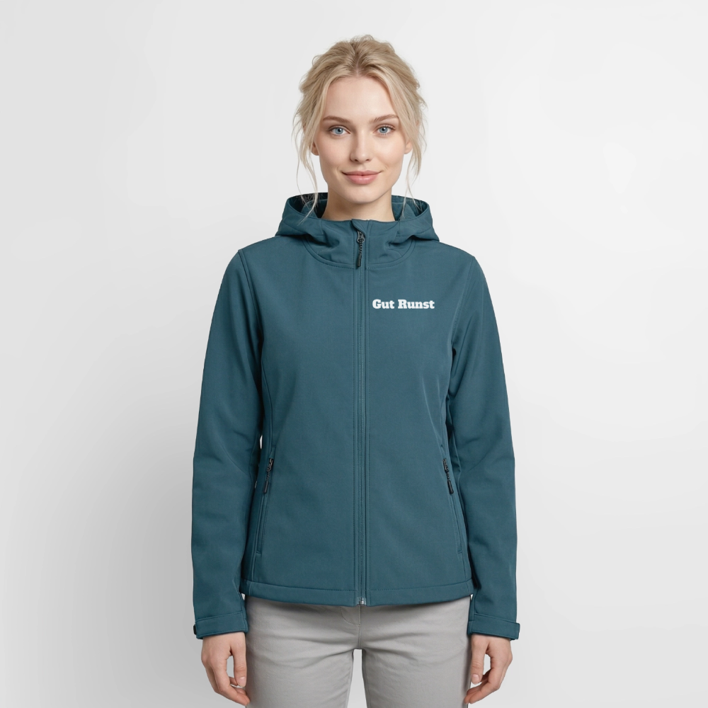 Damen-Softshelljacke, dunkelpetrol mit Kapuze und Frontreißverschluss
