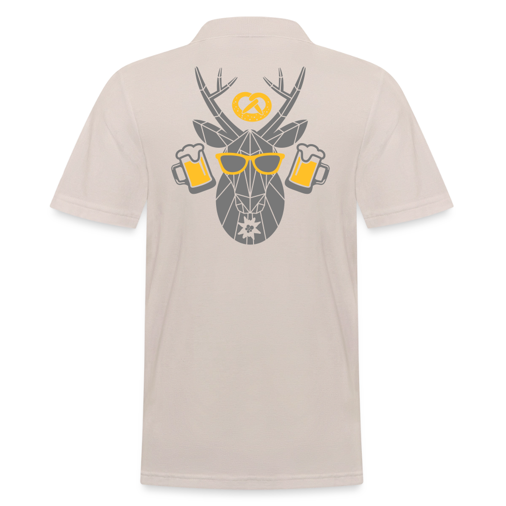 Herren-Poloshirt, beige, Rückenprint mit Tierkopf, Brille und Biergläsern