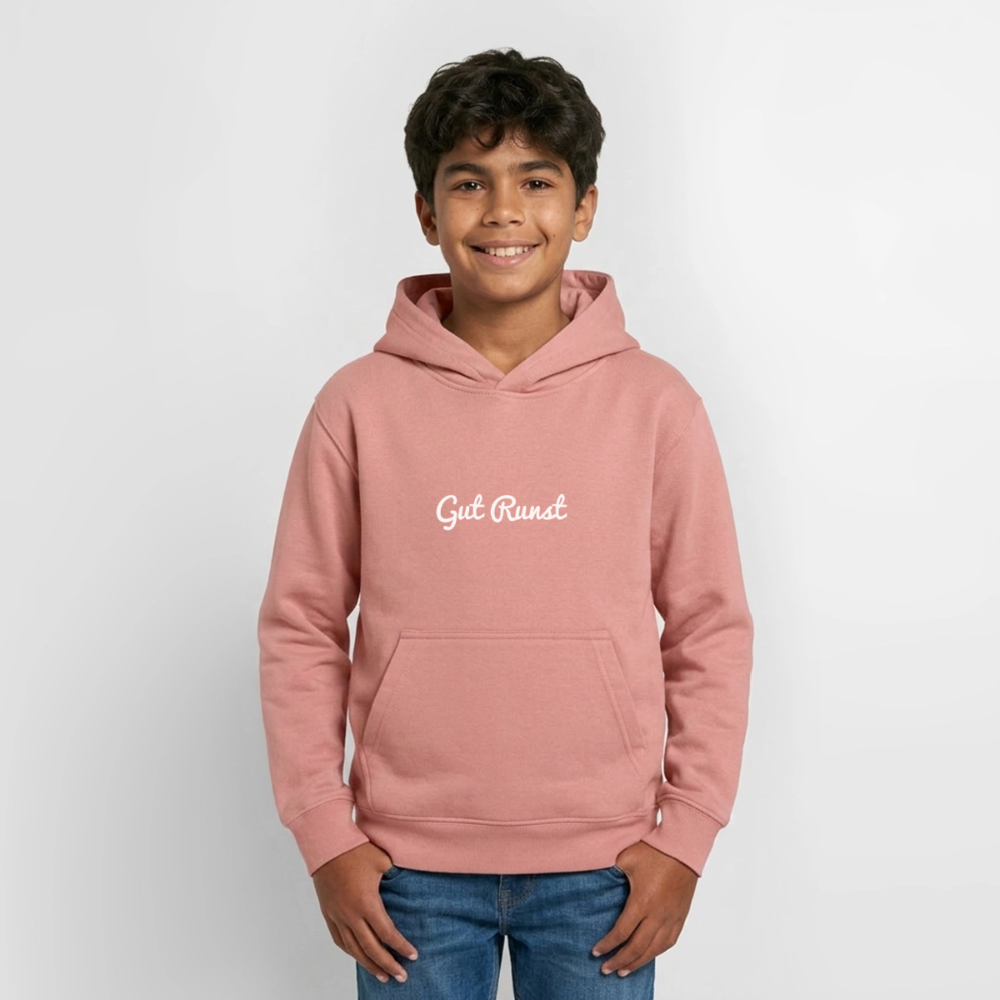 Teenager-Hoodie in Rosé mit „Gut Runst“-Logo vorn, Kapuze und Kängurutasche
