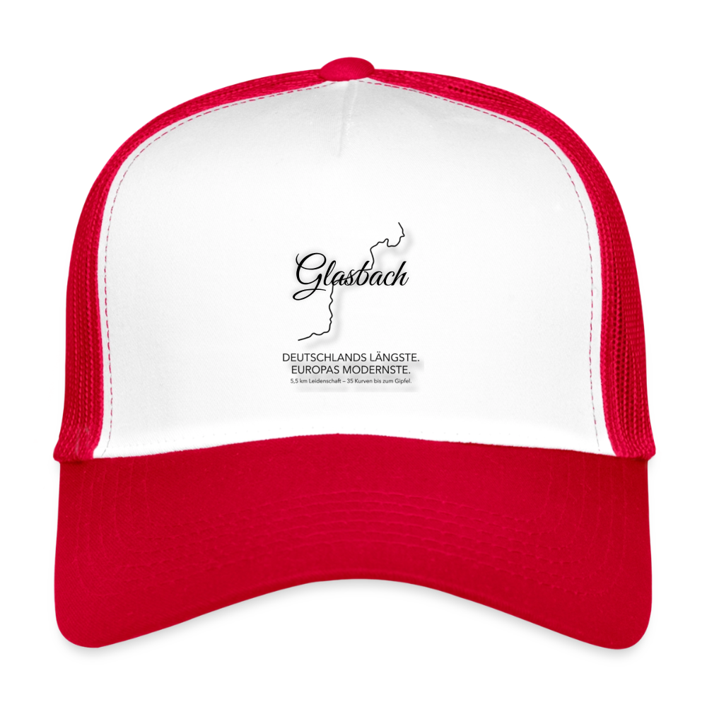 Kinder-Trucker-Cap in Weiß und Rot mit Netzrückseite und Glashbach-Logo