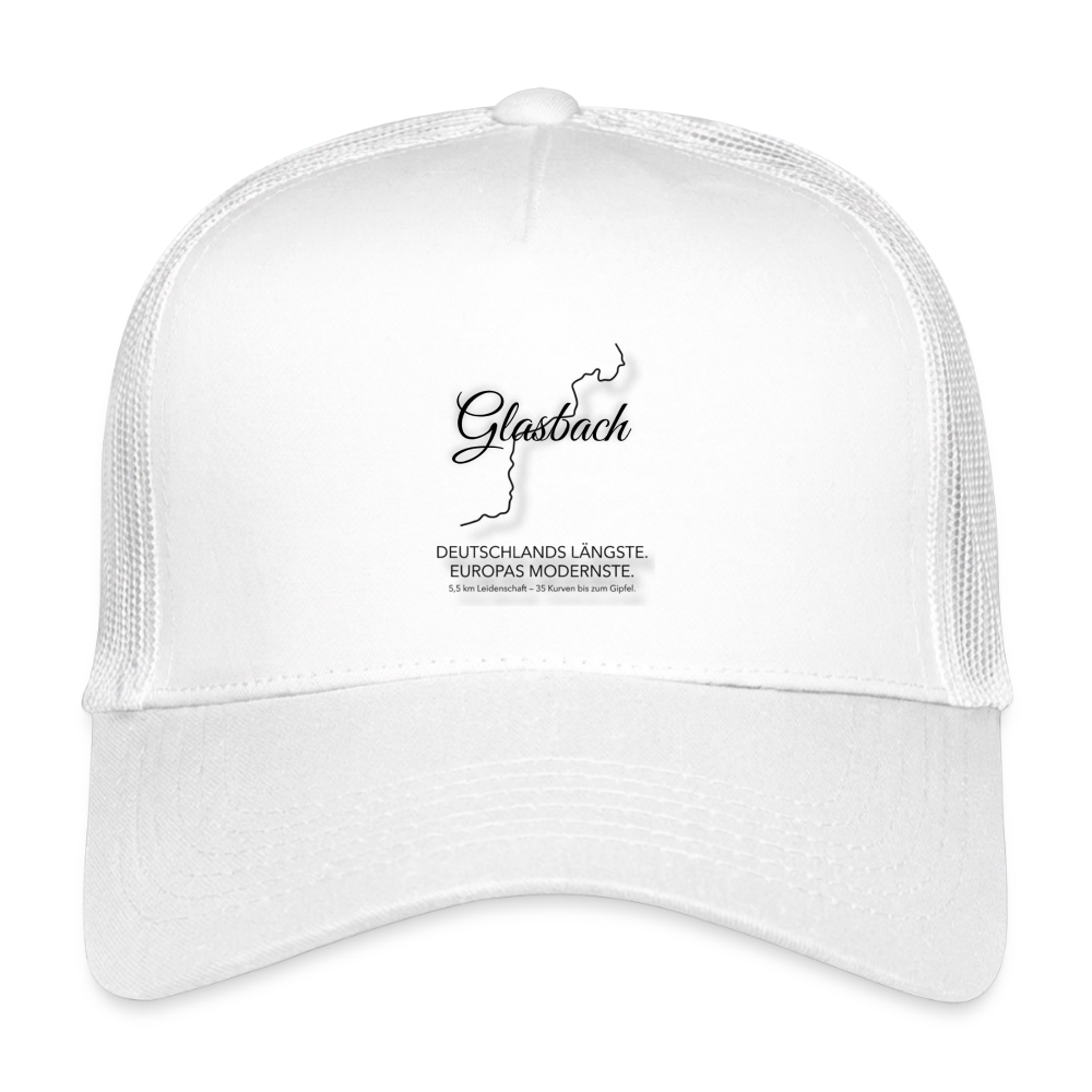Trucker-Cap weiß, mit weißer Netzrückseite und Glashbach-Logo auf der Front