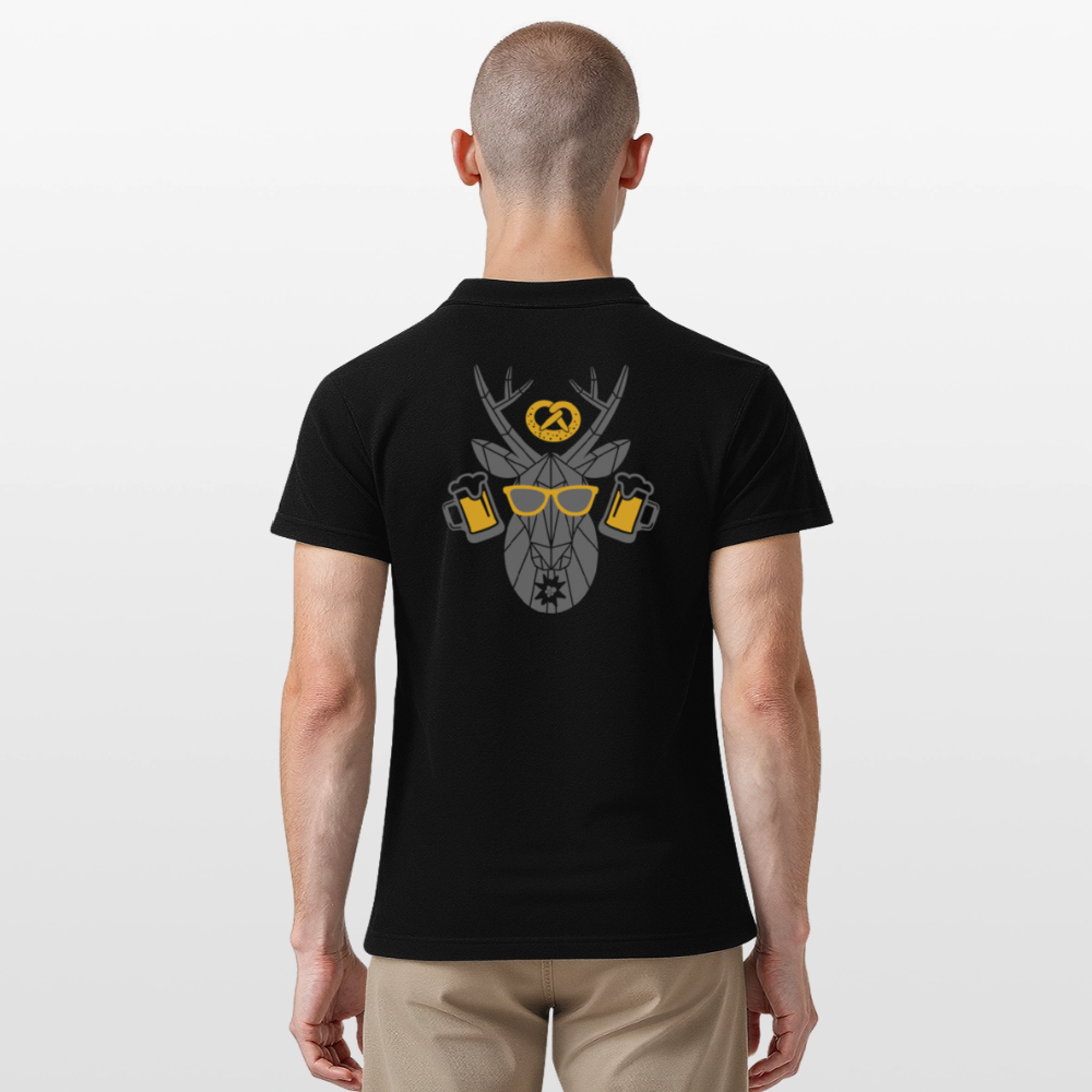 Herren-Poloshirt, schwarz, Rückenprint mit Tierkopf und Biergläsern