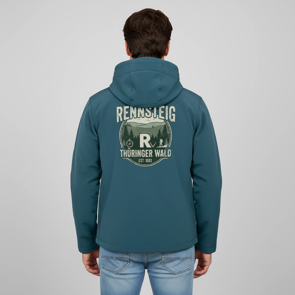 Herren-Softshelljacke mit Kapuze, dunkelpetrol, Vollreißverschluss, Rückprint Rennsteig Thüringer Wald