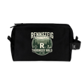 Schwarze Kulturtasche mit Reißverschluss und Rennsteig Thüringer Wald Logo.