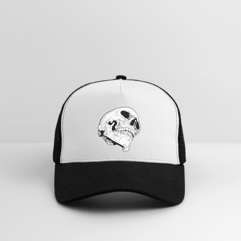 Zweifarbige Trucker-Cap Weiß/Schwarz mit Tierkopf-Logo und Mesh-Rückenteil