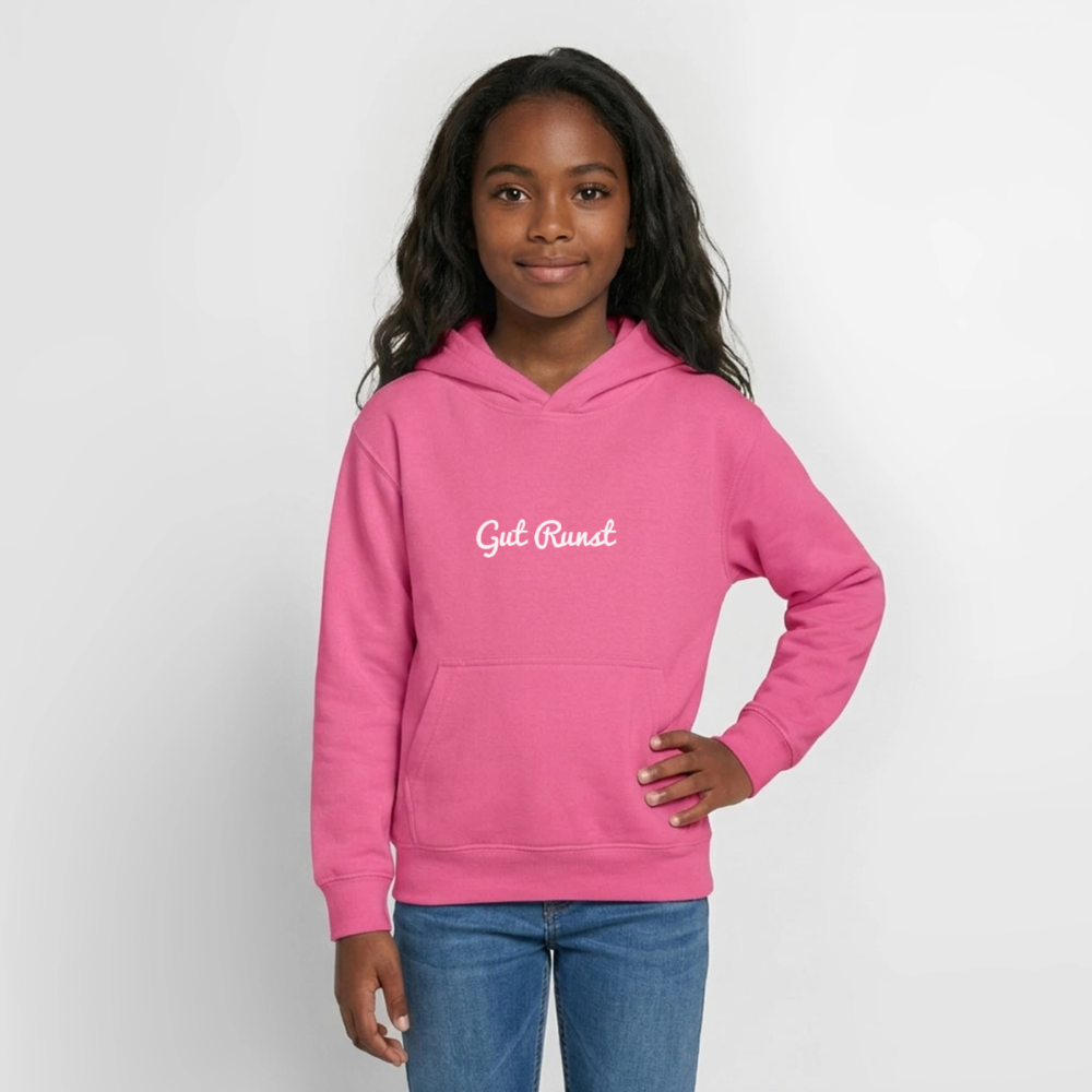 Rosa Teenager-Hoodie mit Kapuze, Bauchtasche und Schriftzug „Gut Runst“.