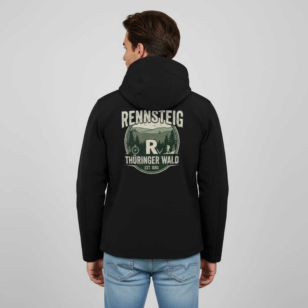 Herren-Softshelljacke mit Kapuze, schwarz, Rückprint Rennsteig Thüringer Wald