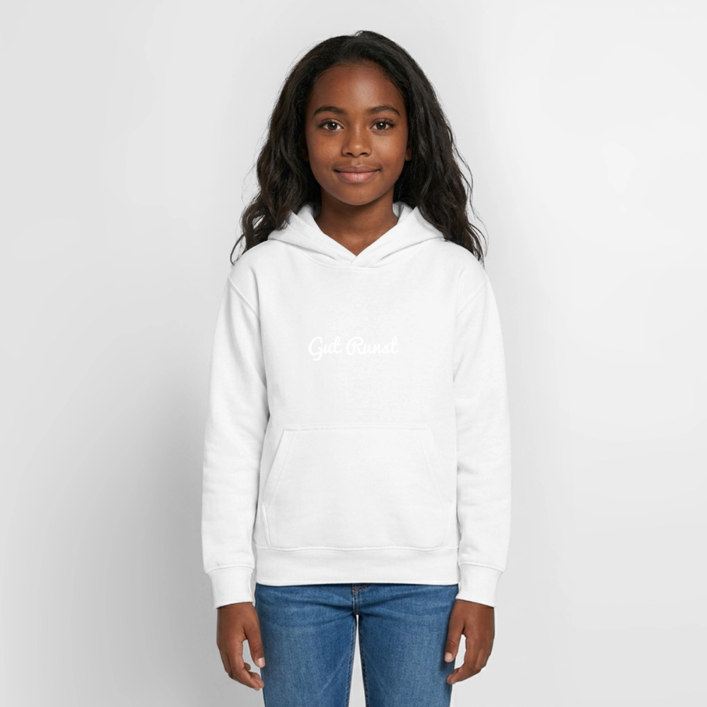 Teenager-Hoodie Weiß mit Kapuze und Kängurutasche, kleiner Brustaufdruck „Gut Runst“