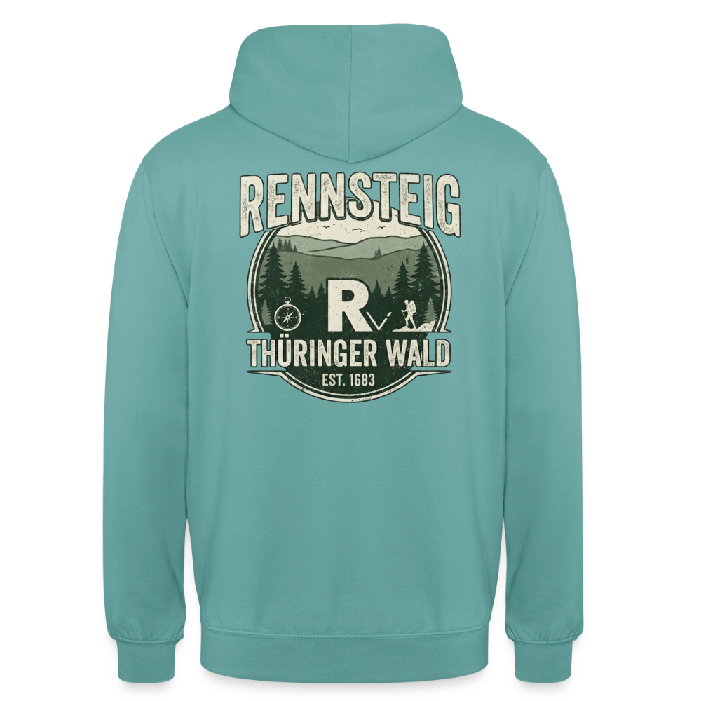 Kapuzenpullover Türkis mit großem Rückenlogo „RENNSTEIG THÜRINGER WALD“