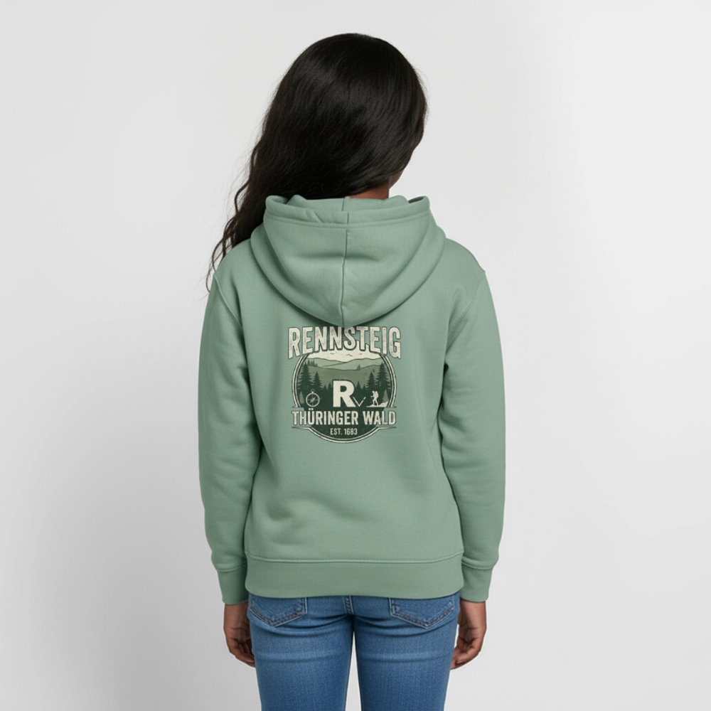Teenager-Hoodie in Salbeigrün mit „Rennsteig Thüringer Wald“-Motiv hinten, Ärmelbündchen