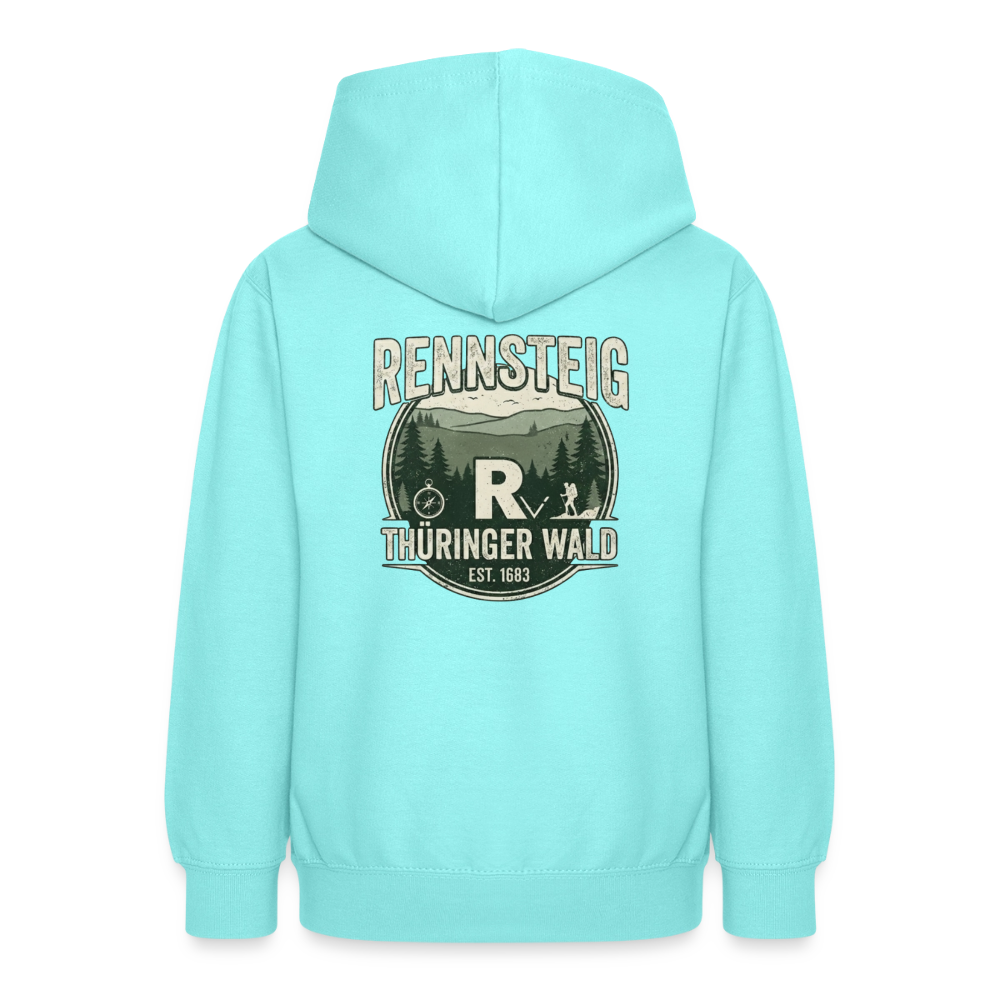 Teenager-Hoodie Türkis mit Kapuze, Rückenprint „Rennsteig Thüringer Wald“