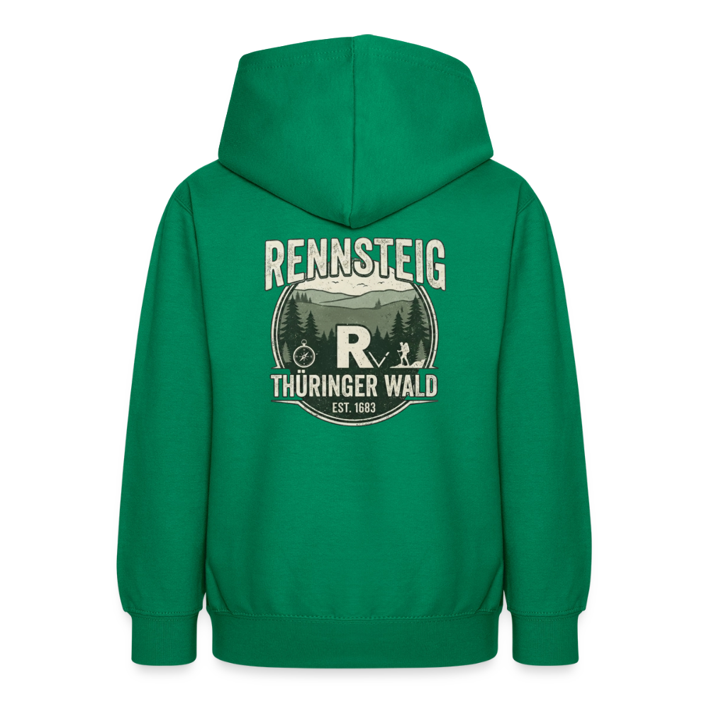 Kinder-Kapuzenhoodie dunkelgrün mit „RENNSTEIG“-Emblem auf der Rückseite