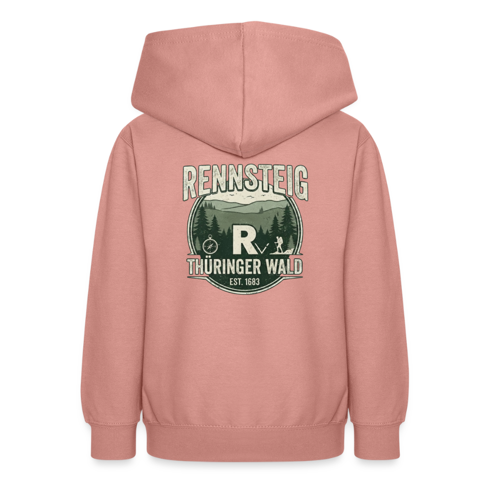 Teenager-Hoodie in Rosé mit „Rennsteig Thüringer Wald“-Motiv hinten, Kapuze