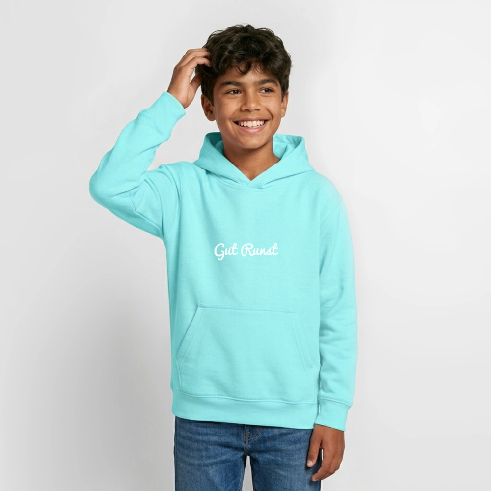 Teenager-Hoodie Türkis mit Kapuze, Kängurutasche und Aufdruck „Gut Runst“