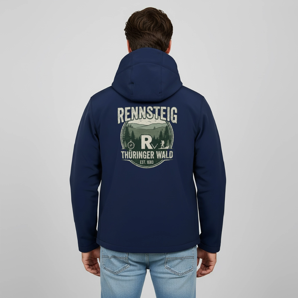 Softshelljacke mit Kapuze, dunkelblau, Rückenprint „Rennsteig“ und „Thüringer Wald“